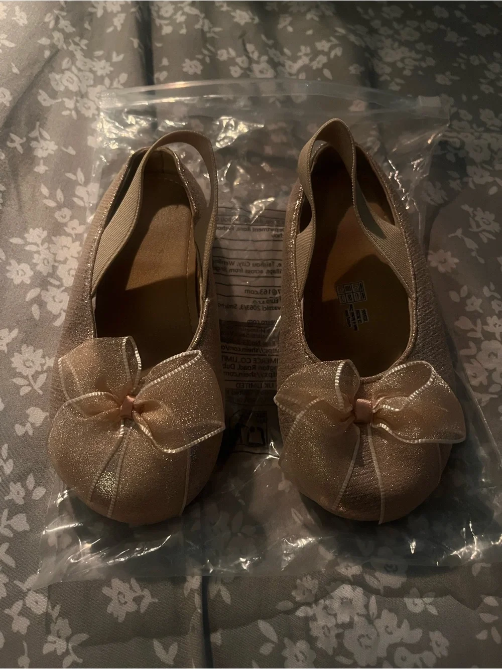 Girls Shimmery Bow Slingback Flats in Champagne